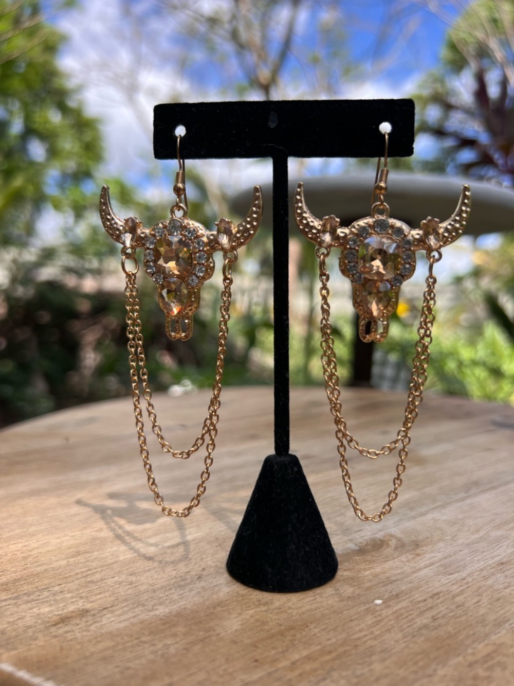 Goldtone Rhinestone Bull Skull Drop Earrings with Chain Accents